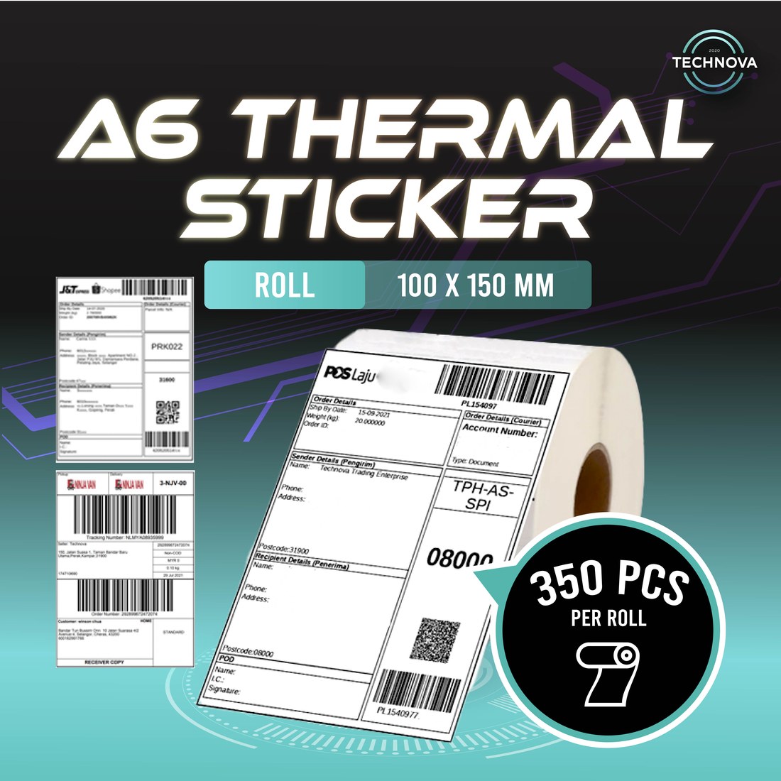 Technova A6 thermal waybill sticker roll, 100x150mm, 350pcs per roll