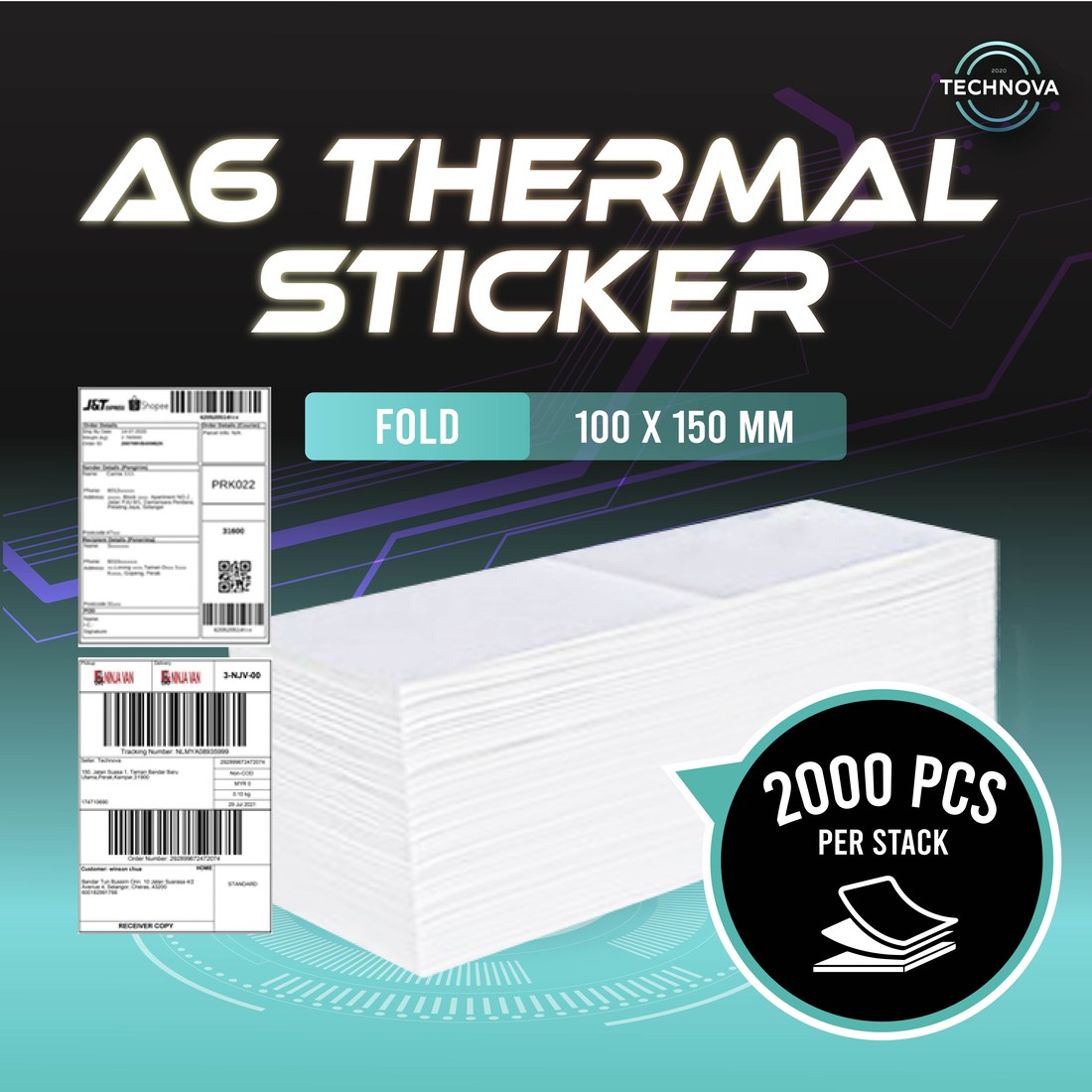 A6 thermal waybill sticker fanfold stack, 100x150mm, 2000pcs per stack