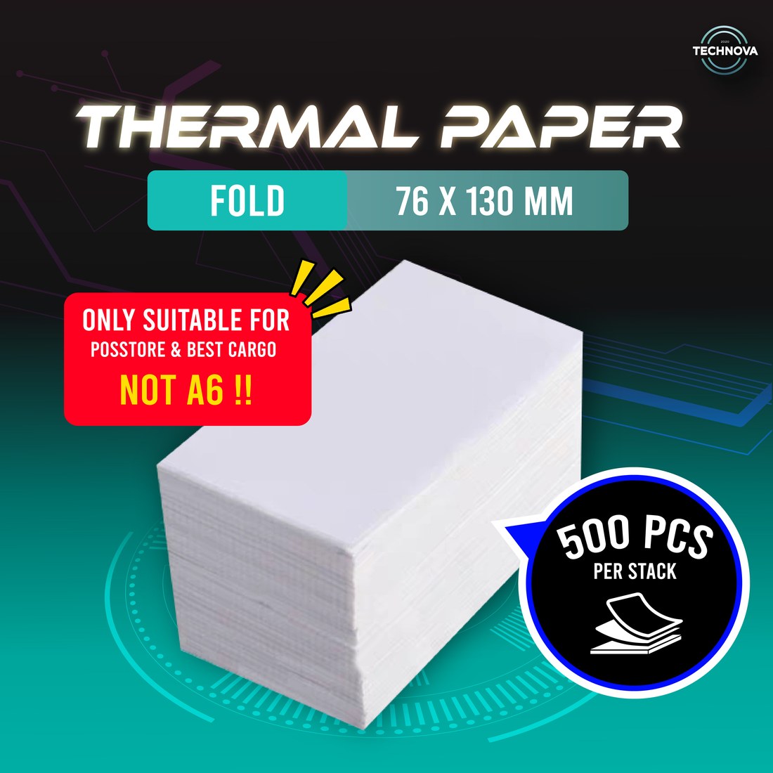 Technova fold thermal paper for waybill printing, 76 x 130mm, 500pcs per stack