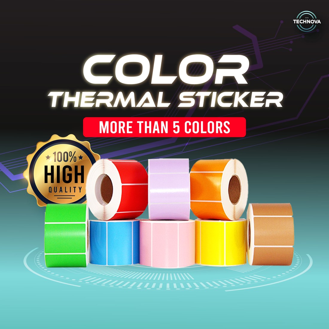 Technova color thermal sticker rolls in red, orange, yellow, green, blue, pink and purple