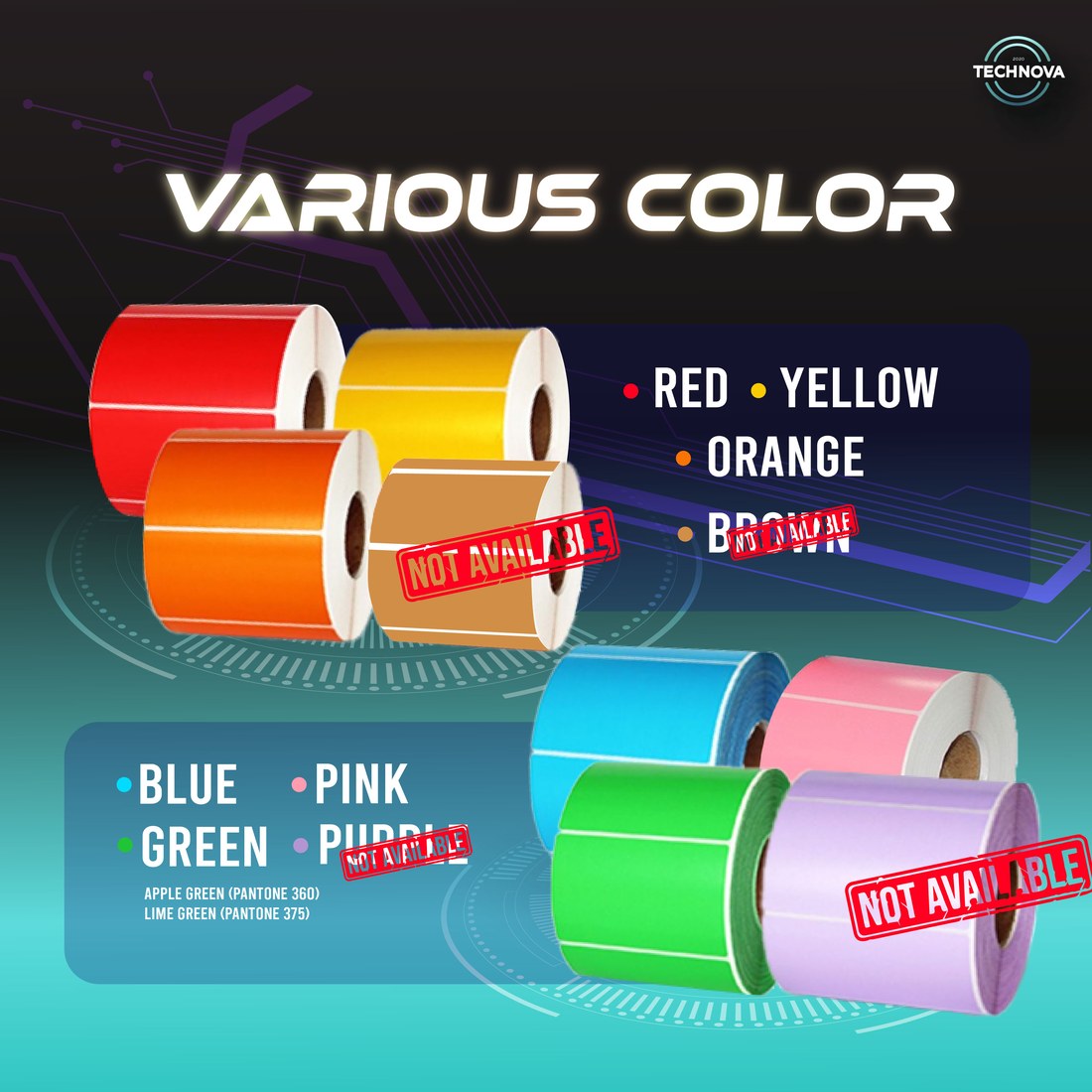 Color thermal sticker available colors chart: red, yellow, orange, blue, green, pink