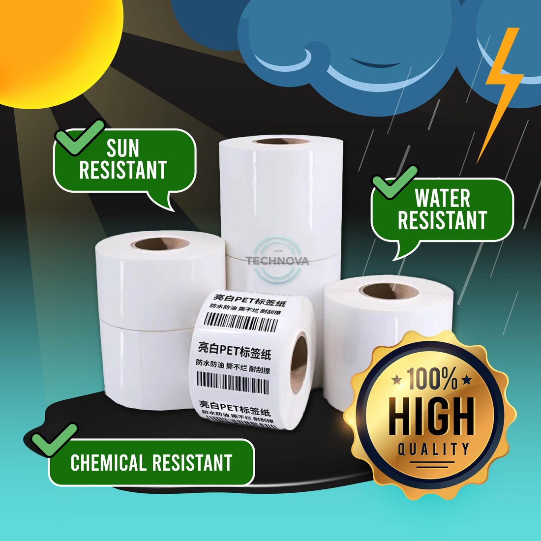 White PET label roll, sun, water and chemical resistant
