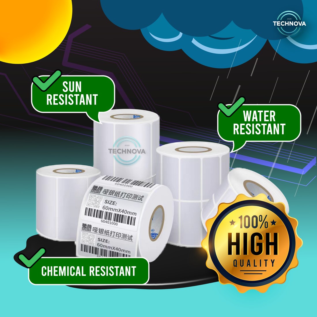 Technova matte silver PET label rolls, sun water and chemical resistant