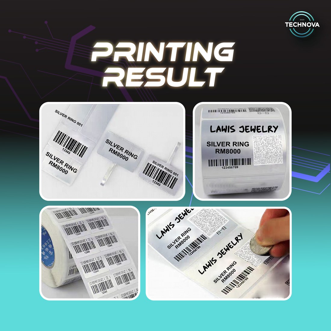 Silver PET label printing example on jewelry tags