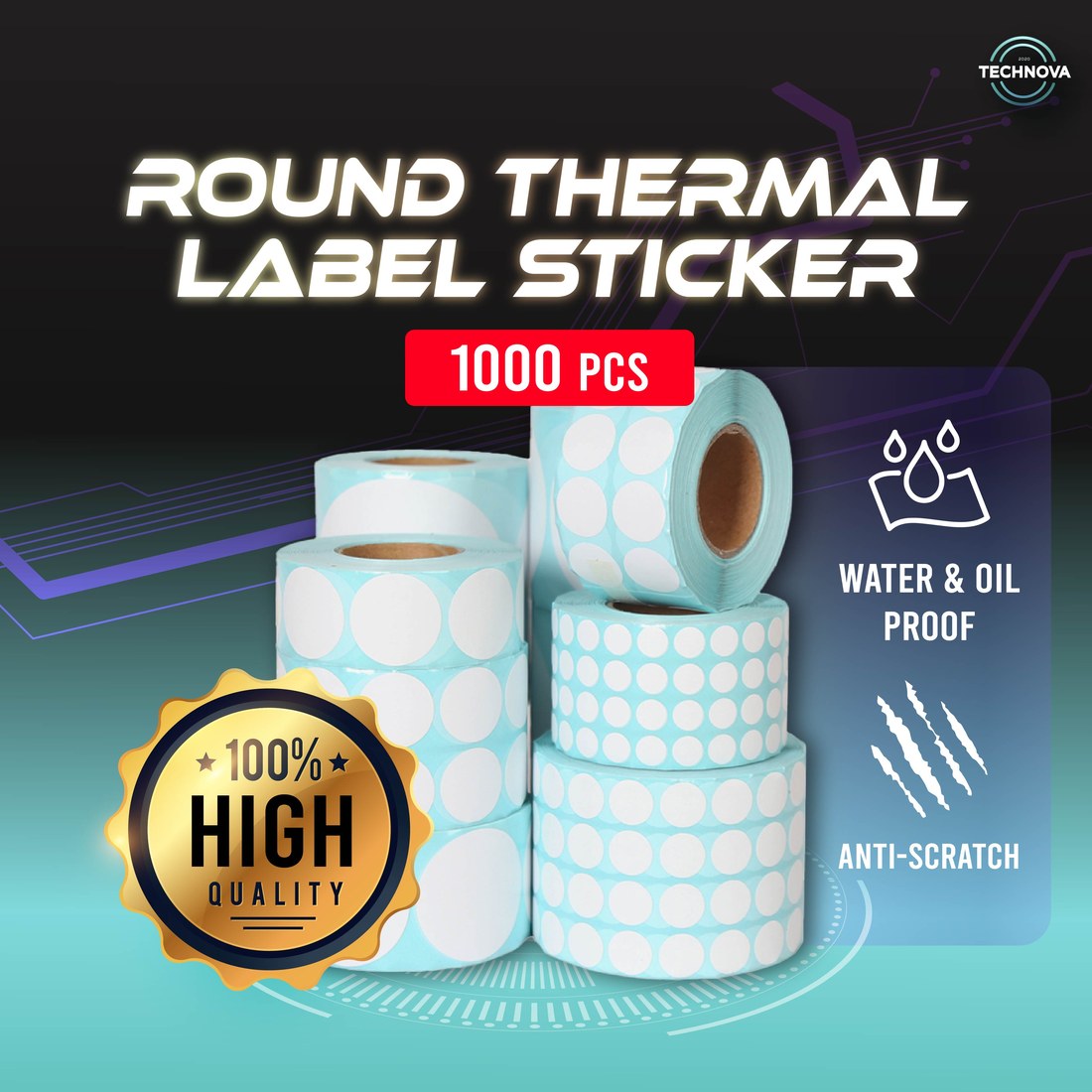Technova round thermal label sticker rolls, water and oil proof, 1000pcs per roll