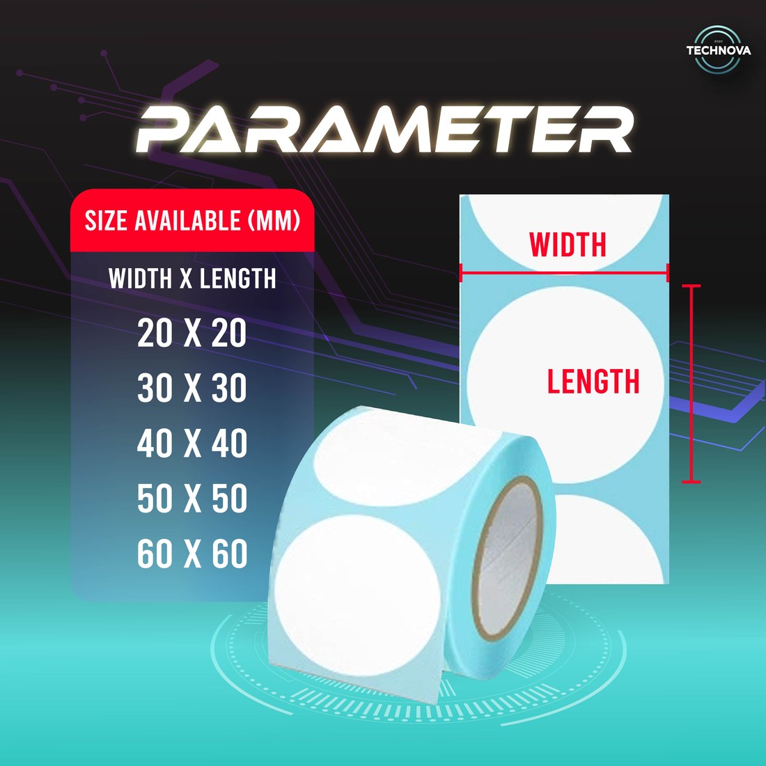 Round thermal label sticker sizes available: 20x20, 30x30, 40x40, 50x50, 60x60mm