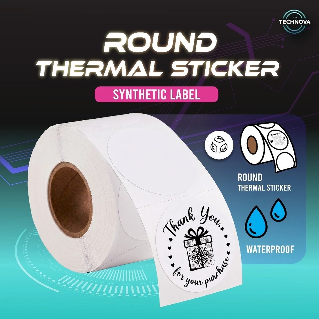 Technova round thermal sticker synthetic removable label with printed design
