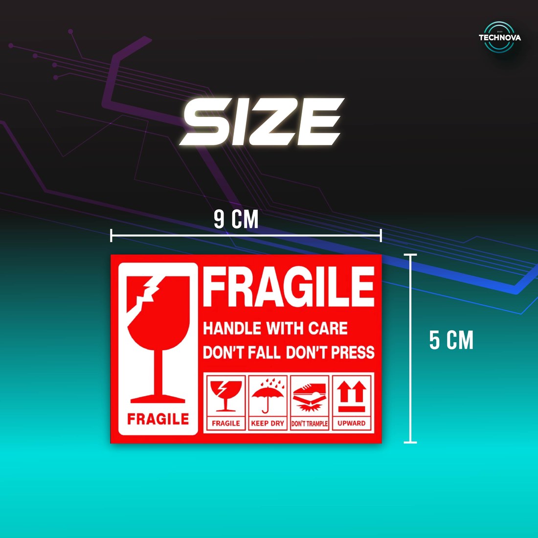 Fragile warning label size, 9cm x 5cm