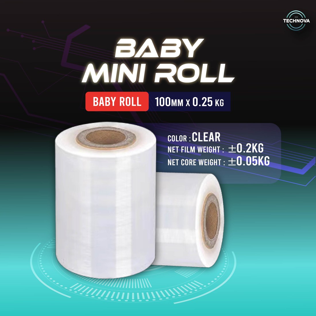 Technova clear stretch film baby mini roll, 100mm width, hand wrap