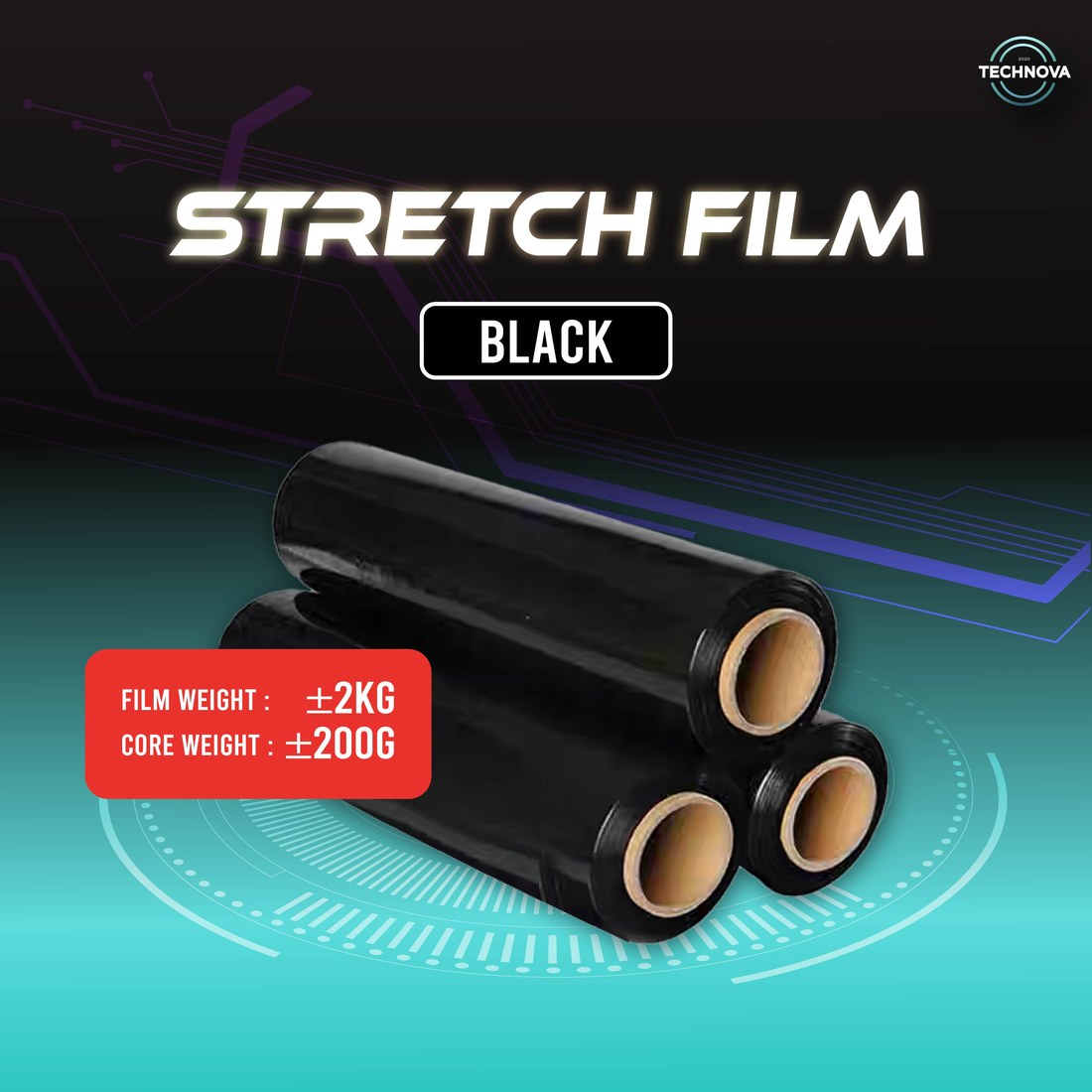 Technova black stretch film rolls, 500mm width