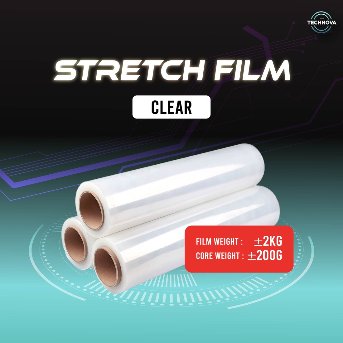 Technova clear stretch film rolls, 500mm width