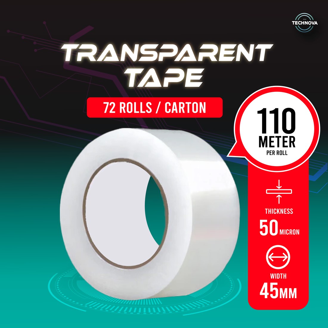 Technova transparent packing tape roll, 45mm width
