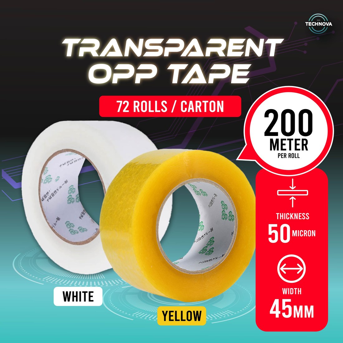 Technova OPP packing tape rolls in white and yellow, 45mm width