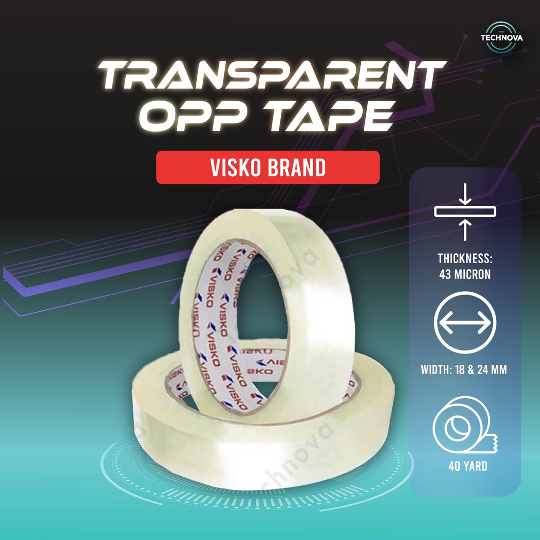 Visko brand transparent OPP stationery tape, 18mm and 24mm width, 43 micron