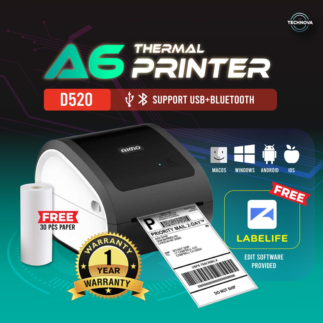 Technova Aimo D520 bluetooth thermal label printer