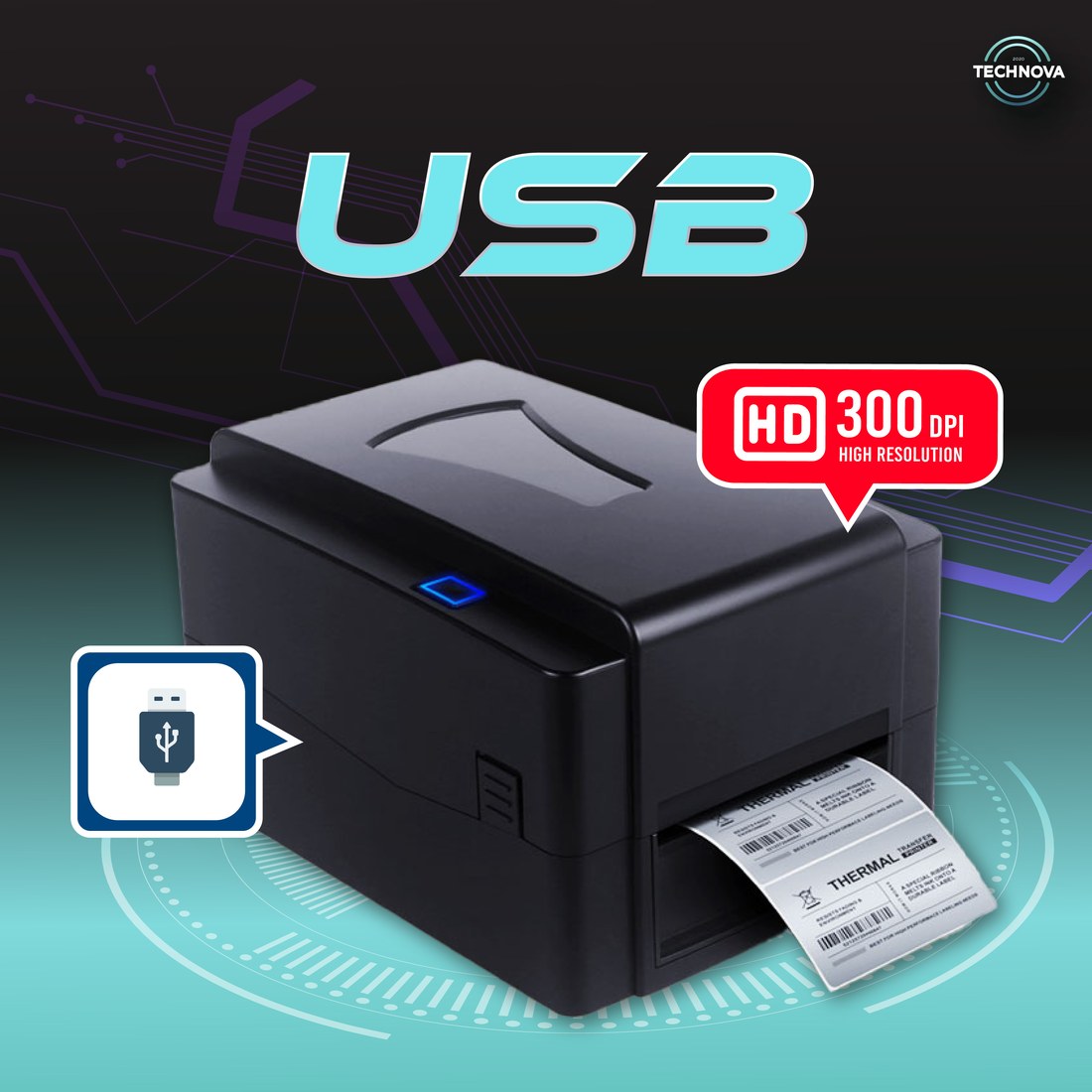 Technova T4301 thermal transfer label printer — USB, 300 DPI HD