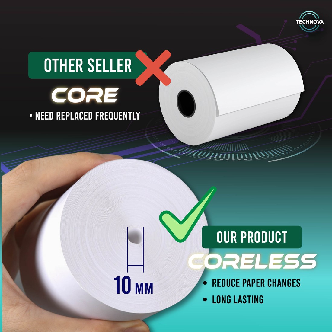 Coreless vs cored thermal receipt paper comparison — coreless reduces paper changes and lasts longer