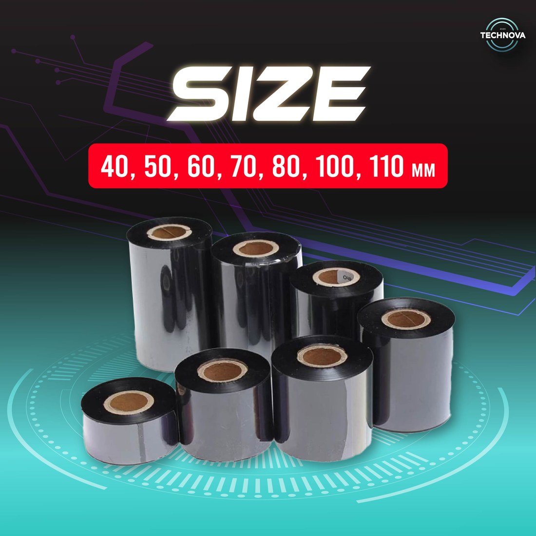 Thermal transfer ribbon sizes available: 40, 50, 60, 70, 80, 100, 110mm