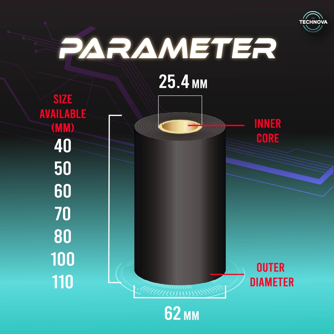 Thermal transfer ribbon parameter diagram — 25.4mm core, 62mm outer diameter