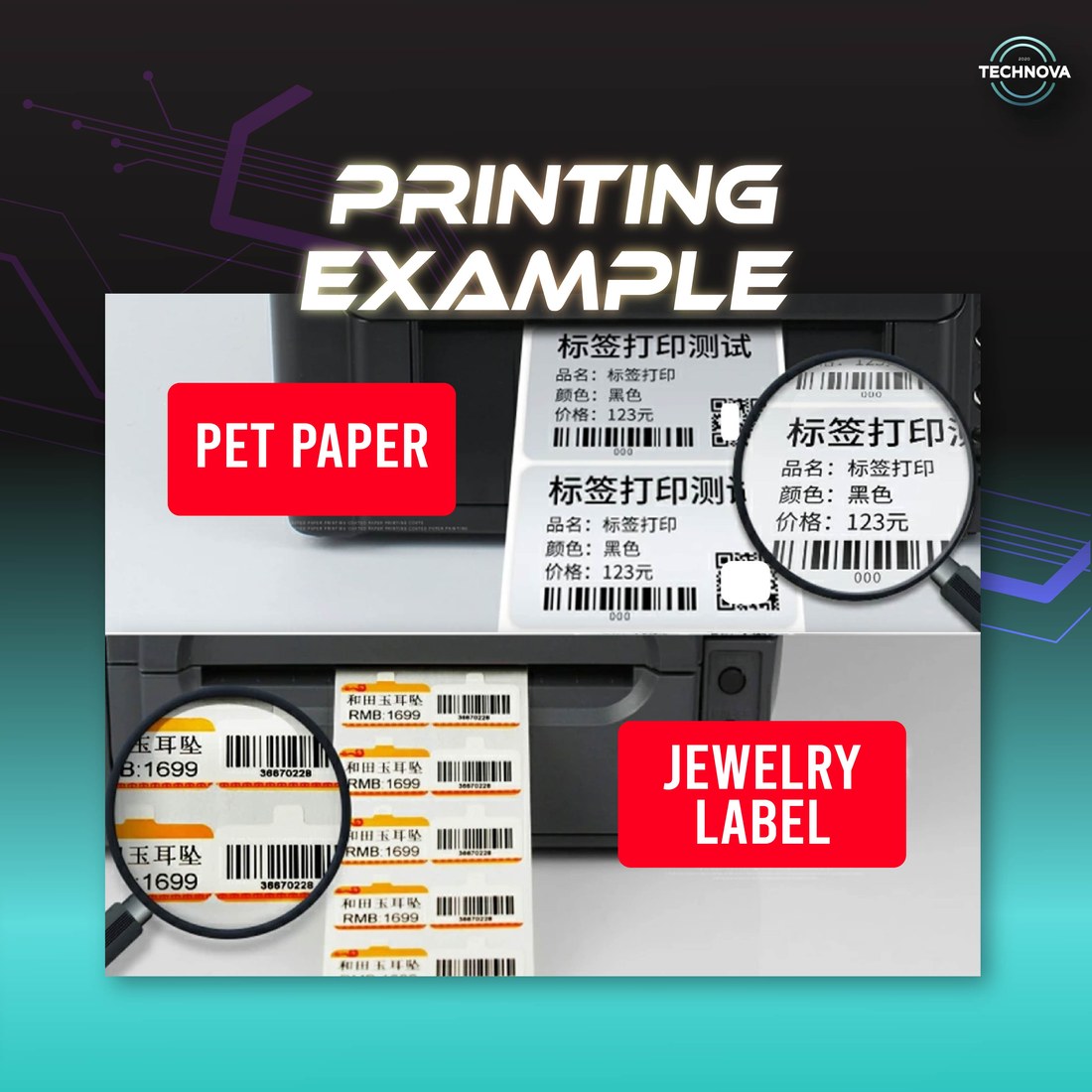 Thermal transfer ribbon printing example on PET paper and jewelry labels