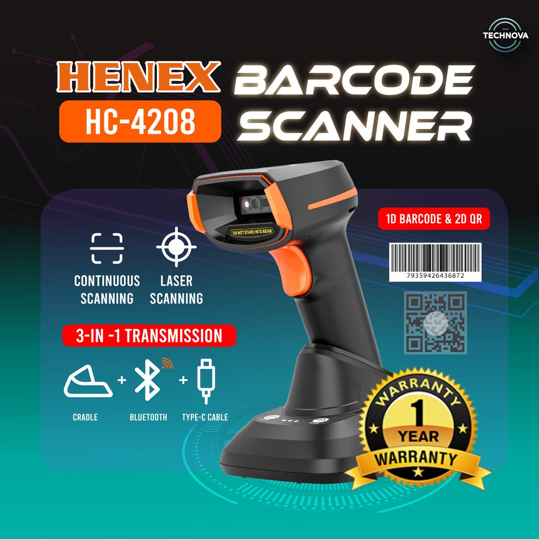 Technova HENEX HC-4208 barcode scanner with charging cradle