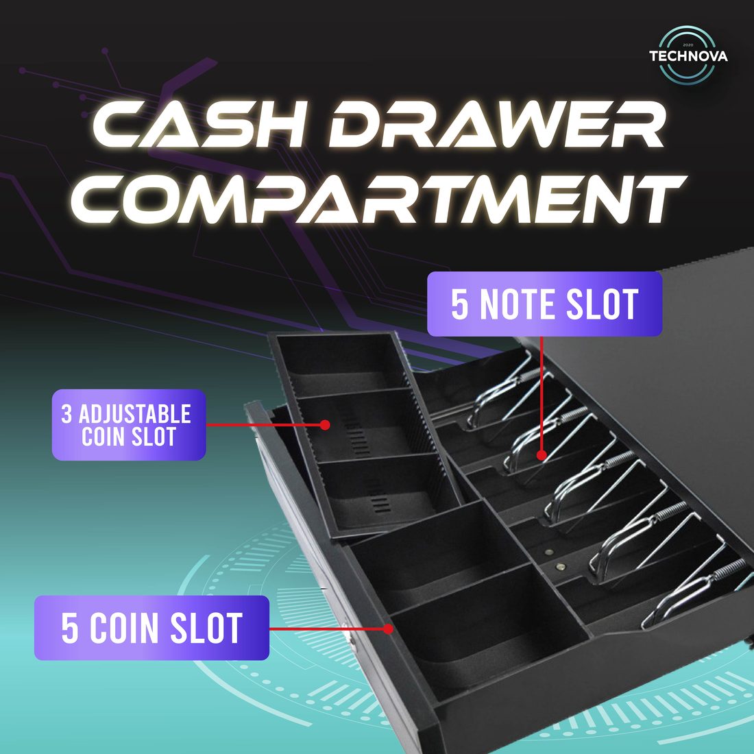 Cash drawer compartment layout: 5 note slots, 5 coin slots