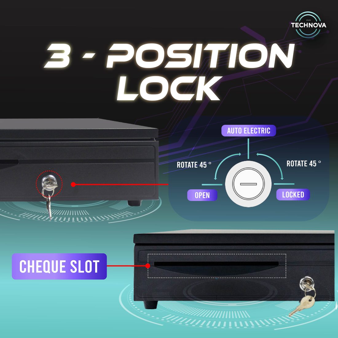 Cash drawer 3-position key lock: open, auto-electric, locked