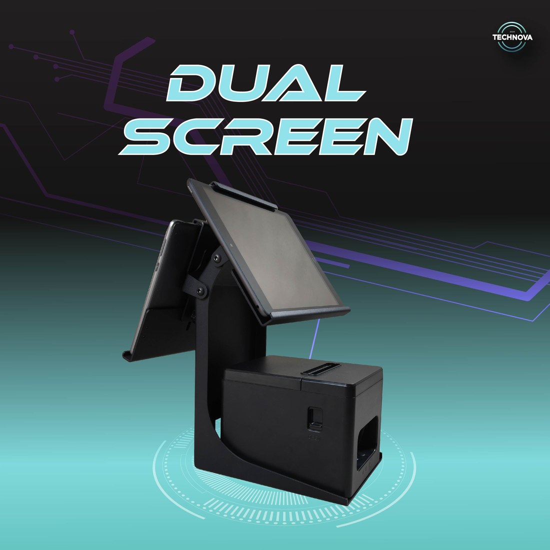 Technova PS-20 POS display stand, dual screen version, with two tablets back-to-back and thermal printer mounted