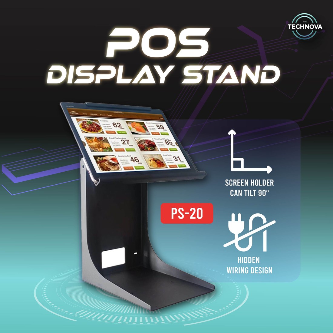 PS-20 screen holder tilts up to 90 degrees with hidden wiring design