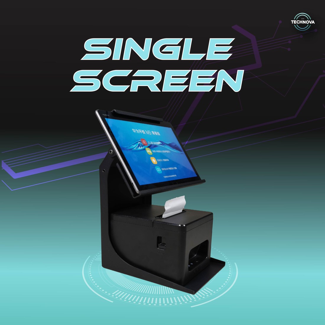 Technova PS-20 POS display stand, single screen version, with tablet and thermal printer mounted