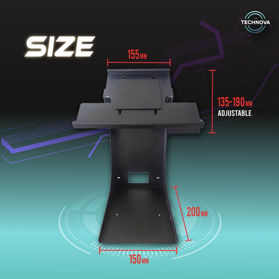 PS-20 dimensions: 155mm top plate, 135 to 190mm adjustable height, 150mm x 200mm base